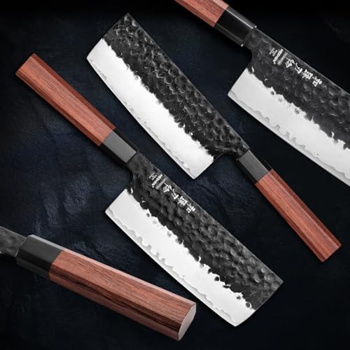 HEZHEN Coltello Nakiri, Stile Giapponese Coltello a Mannaia, Multiuso Coltello da Cuoco Asiatico Per Affettare Carne e Tagliare Verdure, Manico Ergonomico Ottagonale in Legno di Sequoia - immagine 4