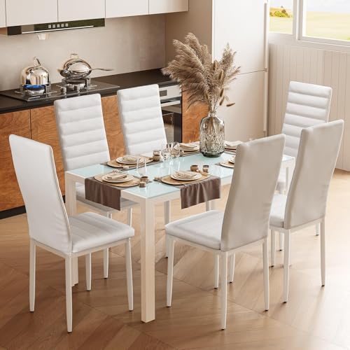 La Mejor Selección de Comedor 6 Sillas Economico del mes. 47 Juego de mesa de comedor de cocina Bealife para 6, Juego de mesa y sillas de 7 piezas de vidrio templado moderno para el hogar, cocina, sala de estar, comedor, blanco