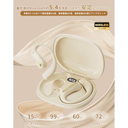 イヤホン bluetooth【2025業界最新オープンイヤー イヤホン】bluetooth 5.4 瞬間接続 Hi-Fi音質 ブルートゥースイヤホン 軽量 快適装着感 落ちない 骨伝導の革新 空気伝導 耳掛け式 耳を塞がない マイク付き 音漏れ抑制 最大60時間再生 LEDディスプレイ IPX7防水 完全ワイヤレス 通勤/通学/スポーツ/ランニング(アイボリー)