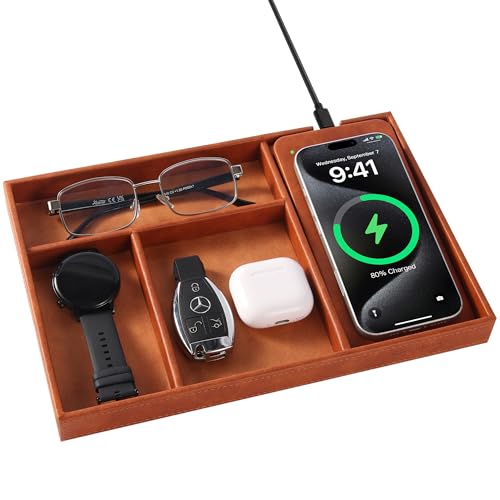 Valet Tray, Built in Wireless Charging Pad, Nightstand Organizer, Two-Toned Premium Vegan Leather Desk Bedside Caddy Organizer Tray for Keys, Watch, Wallet,Jewelry (Brown Patchwork) by wireless future charger - Used condition - US$24.33