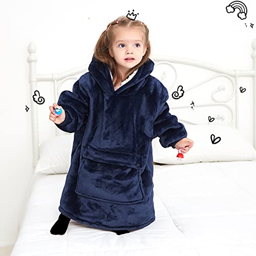 Image of KFUBUO Wearable Blanket Hoodie for Kids With Pocket Toddlers 2-6 Year Old | Navy, Sherpa, Heavy Material, Oversized Sweatshirt Blanket, Kids Blanket, Girl Boy Gifts, Cozy Gifts for Kids