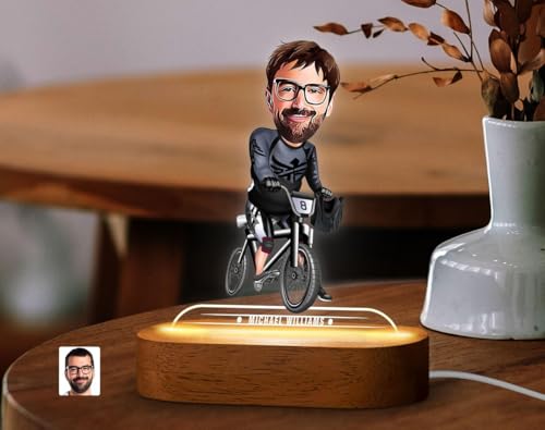 Image of THE GRANDEUR Caricature Gift for Men, Custom LED Bicycle Rider Cartoon Lamp for Him - Personalized Cycling Figurine, Birthday Gift for Men, USB Night Light Decor, (15 x 6 cm)