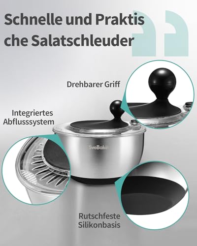 SveBake Salatschleuder Edelstahl, Stopptaste, Kurbelantrieb, 5L, Schwarz – Ansicht 2