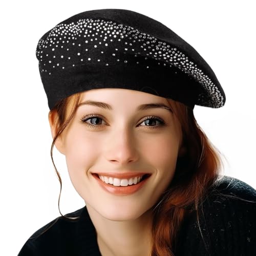 Winter Warm Rhinestone Beret Black Hats for Women 2 Layers Wool Knit Cap