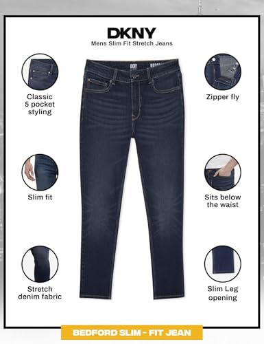 Image of DKNY Bedford Slim Fit Jeans for Men - Tapered Leg Stretch Denim Pants, Classic 5-Pocket Styling | Mens Slim Fit Jeans