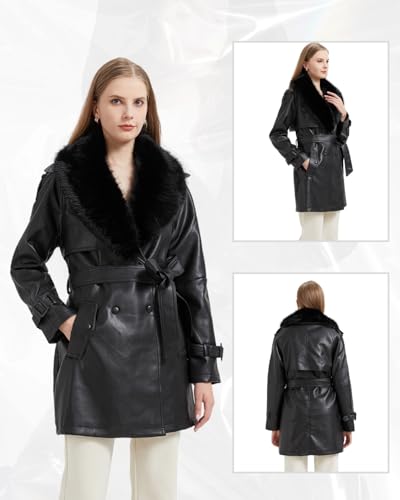 GRAN ORIENTE Women's Faux Leather Trench Coat Overcoat with Detachable Fur Collar,Winter Mid Length Pea Coat Belted Jacket3