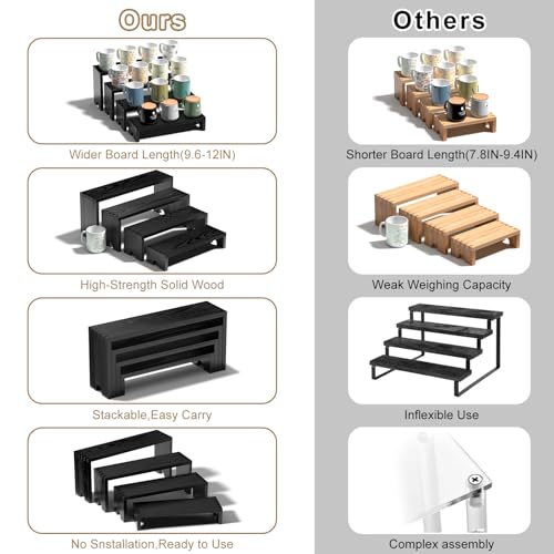 Image of 4 Set Black Wooden Tiered Riser Display Stands for Vendor Events,Stackable Wood Cupcake Stand,Farmhouse Decor Wood Dessert Table Display Set,Vendor Booth Display Items,Food Display Risers for Party
