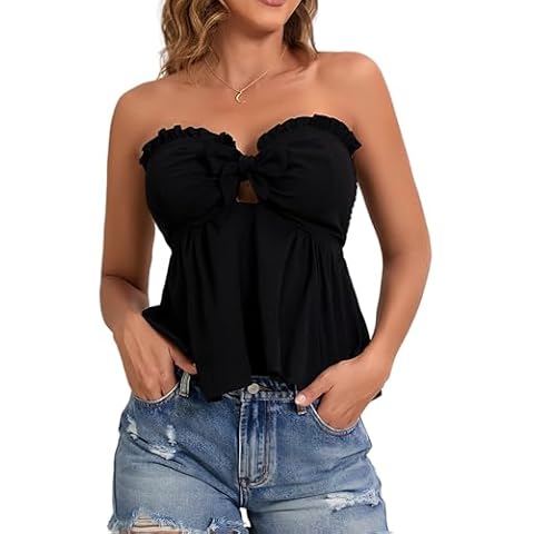 SOLY HUX Women's Frill Trim Tie Front Tube Top Sleeveless Strapless Ruffle Summer Tops Plain Black L Cover