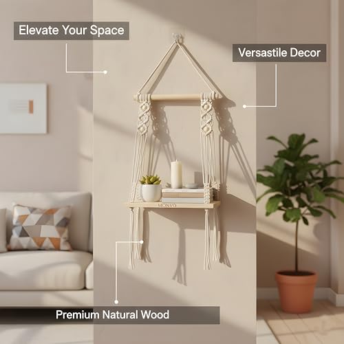 Image of Boho Macrame Wall Hanging Shelf with Adhesive Hook - Handmade Cotton Rope & Pine Wood Floating Shelf - Aesthetic Wall Decor for Bedroom, Living Room & Plants