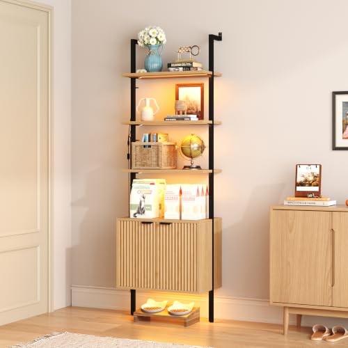 Yusong 73" Tall Bookshelf with Cabinet and RGB LED Lights, 7-Color Adjustable Industrial Ladder Wall Mount Shelf, Frame Bookcase with Lighting for Living Room Bedroom, Wavy Light Ivory