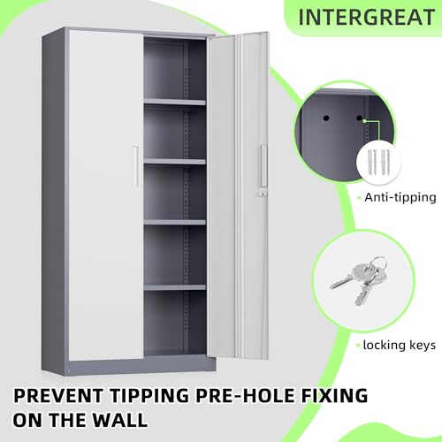 Image of INTERGREAT Metal Storage Cabinet, 72 inch Locking Steel Cabinets with 2 Door and 4 Adjustable Shelves, Tall Metal Cabinet for Home Office, Garage, Warehouse,(New Grey)