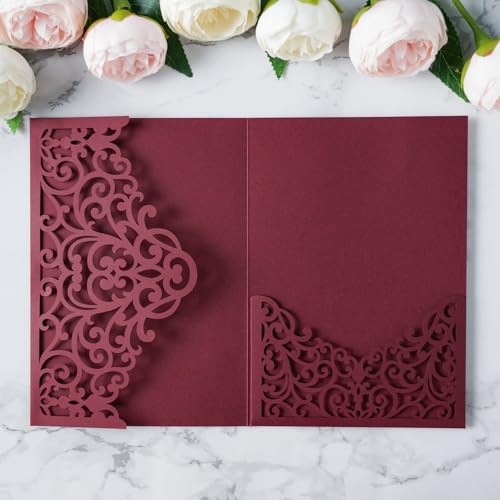 ponatia 20PCS Burgundy Laser Cut Wedding Invitations Pockets, Tri-fold 5x7