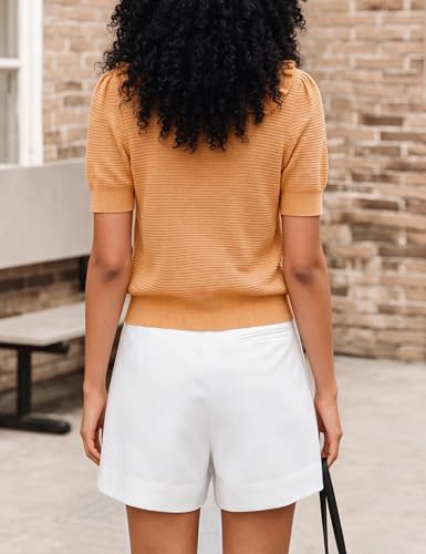 Image of Watashi Womens Ruffle Collar Puff Short Sleeve Cardigan Knit Crop Top | Peter Pan Collar Crochet Knitted Summer Fall Casual Work Wear Sweater