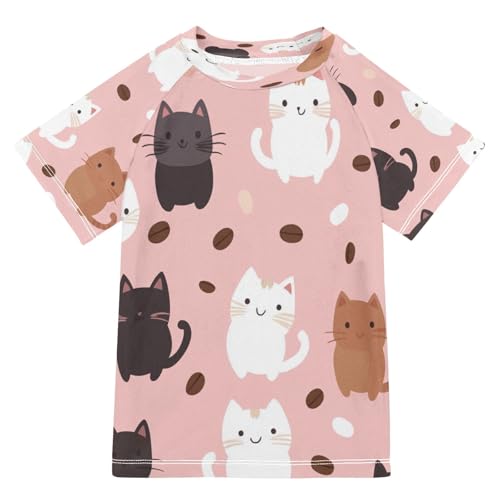 Boys Short Sleeve T-Shirts Cute Cat Cartoon Rashguard Kids Swim Shirts Sun UPF 50+