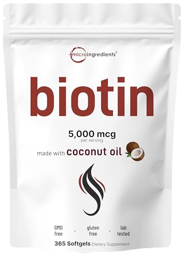 Micro Ingredients Biotin 5,000mcg | 365 Virgin Coconut Oil Softgels, Fast Release, One Year Supply |...