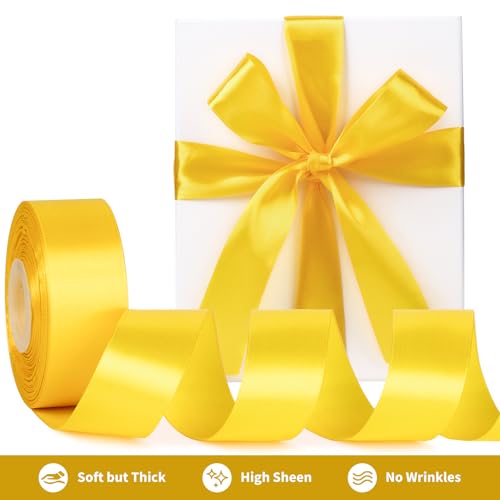 Image of Mauproy 1-1 /2 Inch Wide Yellow Satin Ribbon, 50 Yards Solid Polyester Fabric Ribbon for Roses Making, Gift Wrapping, Flower Bouquets, Wedding Decorations, Handmade Crafts