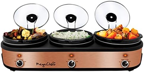 Megachef Triple 2.5 Quart Slow Cooker and Buffet Server in Brushed Copper and Black Finish with 3 Ceramic Cooking Pots and Removable Lid Rests Megachef Triple 2.5 Quart Slow Cooker and Buffet Server in Brushed Copper and Black Finish with 3 Ceramic Cooking Pots and Removable Lid Rests