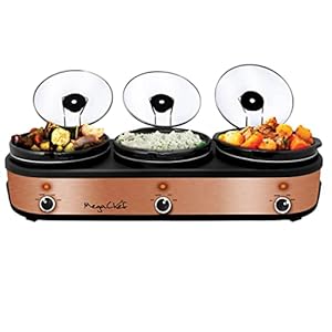 Megachef Triple 2.5 Quart Slow Cooker and Buffet Server in Brushed Copper and Black Finish with 3 Ceramic Cooking Pots and Removable Lid Rests