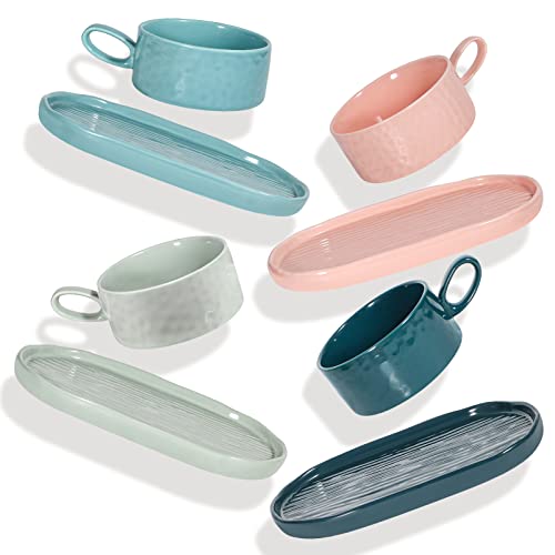 Artena Solid Soup And Sandwich Plate Combo, 18 Oz Soup Bowls/Mugs/Cups With Handles In 9.85-Inch Ceramic Plates, Glazed Soup And Side/Cracker Bowls Sets For Breakfast, Bread Dipping Bowls, Teal Blue #TOP2