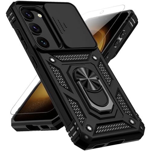 for Samsung Galaxy S23 Case, with Slide Camera Cover HD Screen Protector 360° Rotable Ring Holder Kickstand Military Grade Protection 15ft Drop Tested Protective Phone Case for Galaxy S23 (Black)