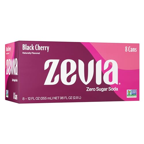 Zevia Zero Sugar Soda, Black Cherry, 12 oz Cans (8-Pack) – Naturally Sweetened, Non-GMO Project Verified, Gluten-Free, Vegan