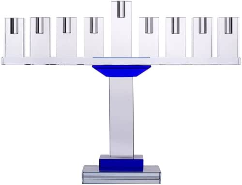 (D) Judaica Crystal Menorah Symmetrical 9 Branches Candle Holder (Blue)