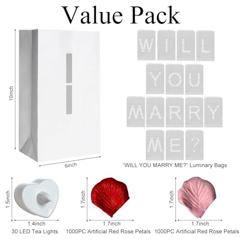 Image of Will You Marry Me Light Up Letters Luminary Bags, Marry Me Sign Banner, Romantic Proposal Decoration Kit with 30PC Bright LED Candles and 2000PC Fake Rose Petals