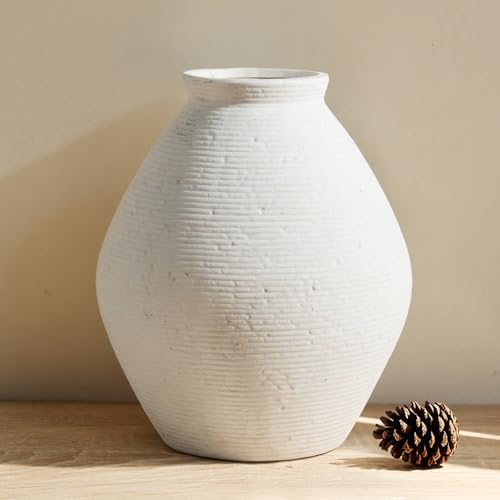 Ceramic Large Rustic Round Vase-11.8" Beige Pottery Textured Vase...