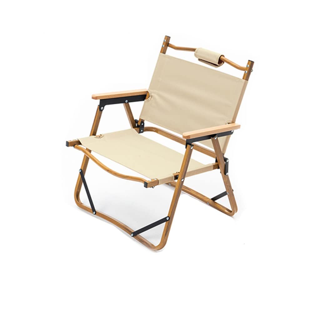 木製フレームのポータブル折りたたみチェア。取り外し可能なパッド入り