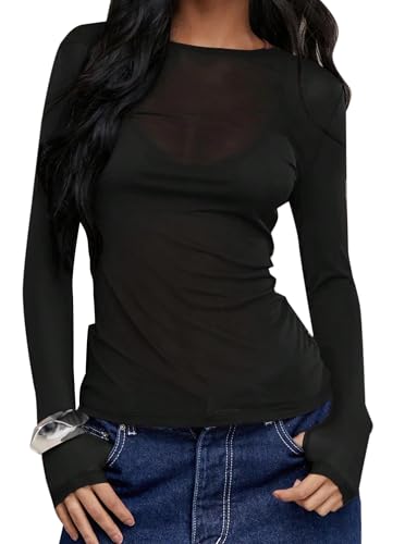 Remidoo Womens Sheer Mesh Top Crewneck Long Sleeve Tee Shirts with Thumb Hole