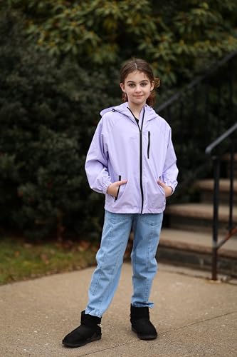 Image of Rolanko Girls Rain Jacket Lightweight Waterproof Hooded Kids Raincoat 6-16 | Kids Windbreaker, Water-Repellent, Sealed Zip Pockets, Reflective Strips, Extended Hood, Outdoor, School Daily, Travel