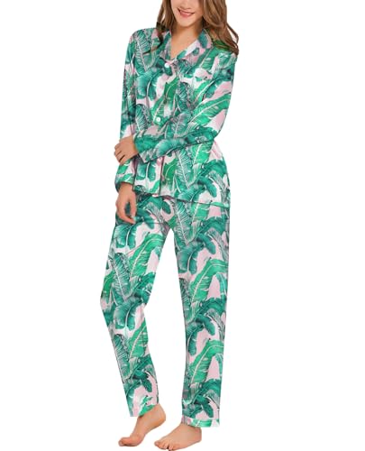 Image of SWOMOG Long Sleeve Pajamas Set Silk Satin Sleepwear Button Down Pjs Loungewear with Pocket
