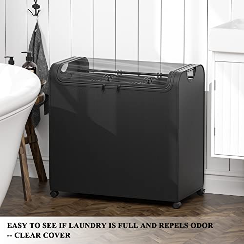 Tinpin Laundry Hamper 3 Section, Black Laundry Basket With Wheels And Clear Cover, Sturdy Dirty Clothes Hampers For Laundry 3 Compartment With Lid, Laundry Sorter 3 Section, Rolling Laundry Organizer #TOP2