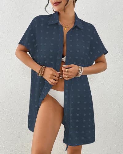 Women's Swiss Dot Short Sleeve Button Down Drawstring Cover Up Shirt Dress — view 3