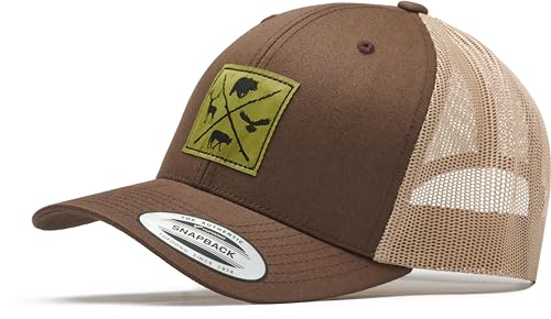 Trucker Cap Flexfit Snapback : Wald-Tier Hirsch Wolf Bär Adler - Jäger-Hut Outdoor Cap - Cappi Geschenk für Jäger Natur Baseball Cap Kappe Mütze Outdoor Kletter Wander Zubehör (Brown/Khaki)