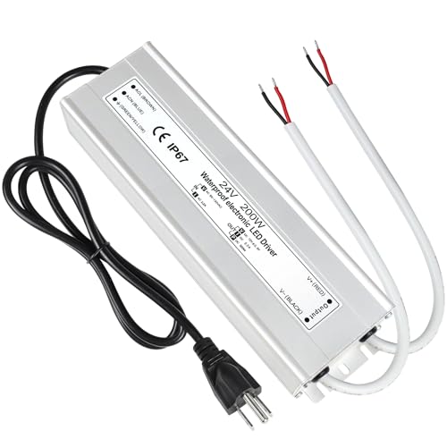 Image of LightingWill LED Driver 200 Watts Waterproof IP67 Power Supply Transformer, 90-140V AC to 24V DC Low Voltage Output, Adapter with 3-Prong Plug 3.3 Feet Cable for Outdoor Use, Computer Project