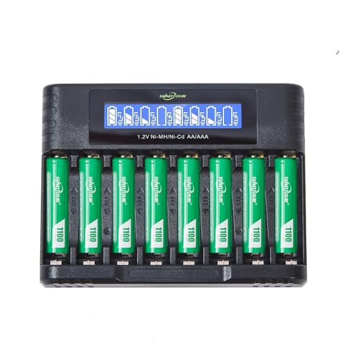 1100mAh Ni-MH AAA Battery with Charger,SUNLYTOUR 8 pcs 1100mAh AAA Ni-MH Batteries with 8 Slots AAA AA Battery Charger,Recharge up to 1200 Cycles