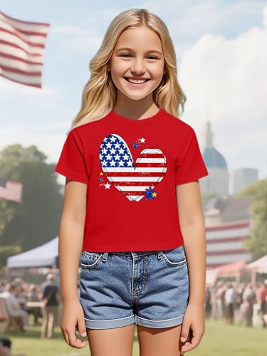 Image of VVNTY Girls American Flag Crop Tops Kids USA Crop Shirt Patriotic 4th of July Tops 5-14 Years