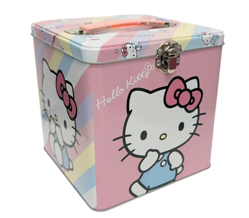 The Tin Box Company Hello Kitty Stack Store and Carry Storage Tin Square Metal Container with Handle 5.75 x 5.75 x 5.75 Inches Pink and Blue Design Ages 3+