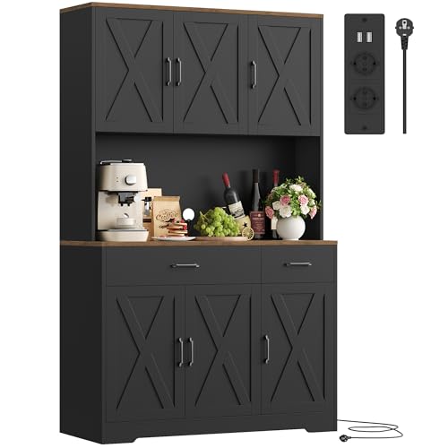 HOCSOK Alacena de Cocina 105x180 cm (BxH)，Armario Negro con Enchufes, Estantes Ajustables, Mueble de Cocina con Soporte para Microondas, para Comedor Y Sala de Estar