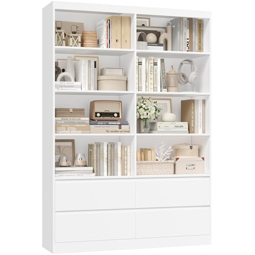FirFurd 180cm Estantería con 4 Cajones, Estantería Libros, Librería, Estante, Mueble Almacenaje, para Oficina, Salón, Estudio, Comedor, Grande y Alta, 8 Compartimentos, Blanco, 120x30x180cm