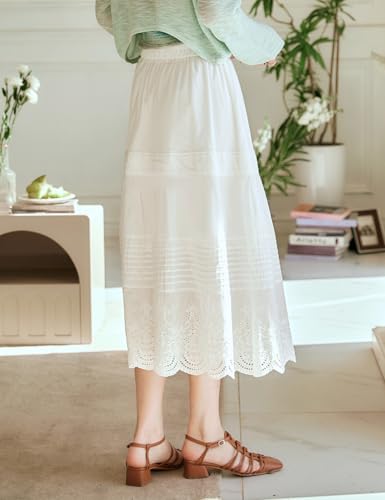 Women's White Cotton Bohemian Long Skirt, Elastic High Waist Eyelet Embroidered Lace Summer Beach Tiered Midi Dress2