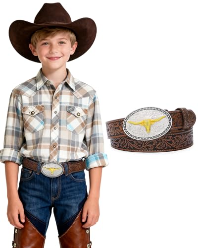 AWAYTR Kids Western Belt with Detachable Buckle - PU Leather 3 Sizes (23-34.5) Adjustable for Daily Wear & Halloween (Cow Buckle-Dark Brown Fit Waist: 23-26)