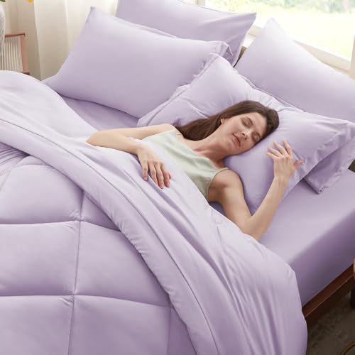 Anluoer Queen Comforter Set,Lavender Bed in a Bag 7 Piece,Lightweight Bedding Set with Soft Down Alternative Fill,Bed Set Includes Comforter, Fitted Sheet, Flat Sheet,Pillowcases and Shams