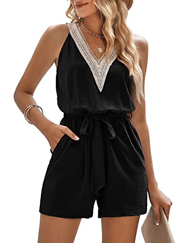 Solersun Women's Summer Rompers 2023 Casual V Neck Sleeveless Short Jumpsuits Rompers Dressy With Pockets(Black,Xl) #TOP8