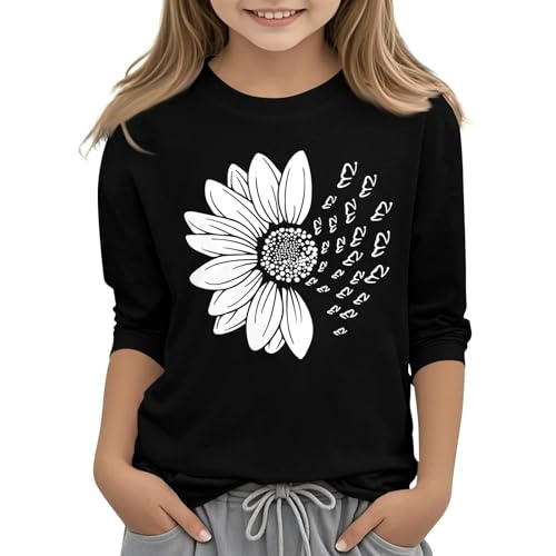 Kids Girls Tops Casual 3/4 Sleeve Shirts Crew Neck Loose Casual Blouses Floral Print Tshirts Summer Basic Tops