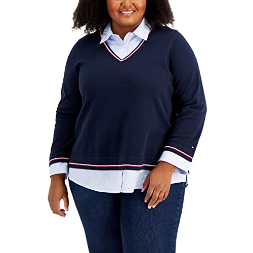 Tommy Hilfiger Womens Plus Layered Collared Pullover Sweater Navy 2X #TOP20