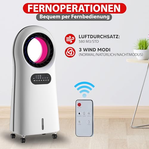 JUNG Lifeblade Mobiele airconditioning zonder afvoerslang, met afstandsbediening, timer, 8 uur, 60 dBA, 2-in-1 luchtkoeler, luchtbevochtiger, mobiele ventilator met waterkoeling, mobiele - Afbeelding 3