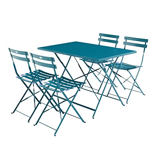Alice's Garden - Salon de Jardin bistrot Pliable - Emilia rectangulaire Bleu Canard - Table rectangulaire 110x70cm avec Quatre chaises Pliantes. Acier thermolaqué