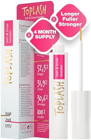 TOPLASH Eyelash Growth Serum - Innovative Formula for Longer, Thicker, Fuller Brows & Lashes - Natural, Cruelty-Free & Hypoallergenic - 0.10 fl.oz.
